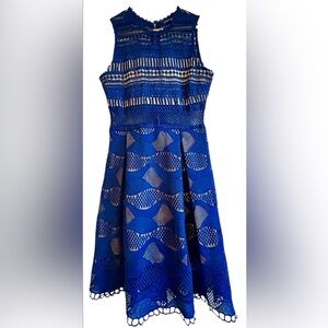 Zoe & Sam Royal Blue Battenberg Style Cut Out Lace Midi Statement Dress Size L